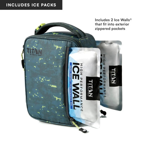 Badass Pixel Camo Soft Sided Cooler Lunch Bag With Two Ice Packs And Six Hours Of Fridge Cold Chill showing exterior ice pack pockets.