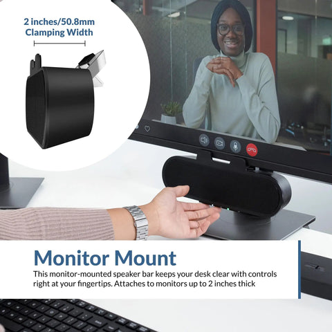 USB And Bluetooth Speaker Bar For PC With Built-In Speakerphone, clamps to monitors up to 2 inch thick, shown in use