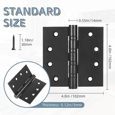 Six Pack Tough As Nails 4 Inch Stainless Steel Door Hinges Heavy Duty Ball Bearing Action Matte Black Finish with dimensions