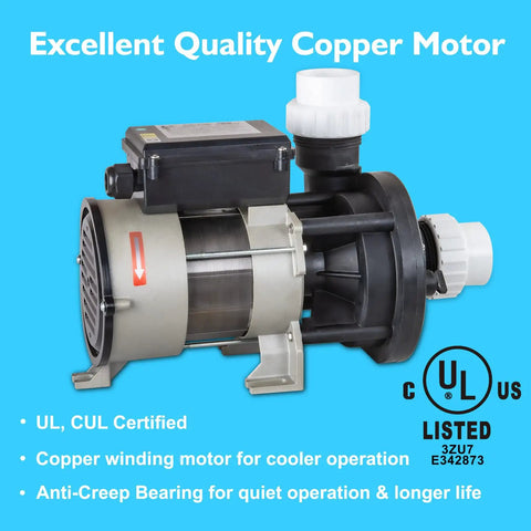 Straight Up Professional Heavy Duty Hot Tub Bath Pump Motor 110V 9A 1.5 Inch Port 116GPM Flow Rate showing copper motor details.