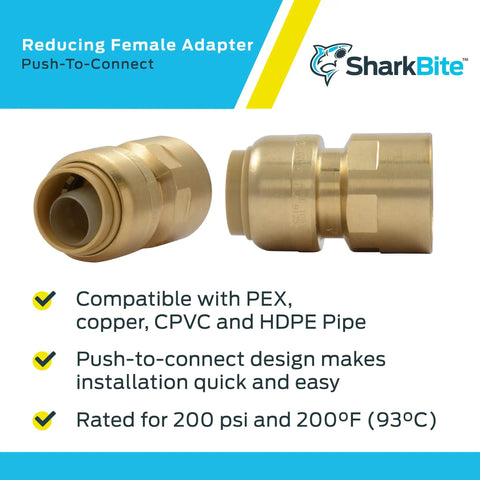 12 Pack 1/2 Inch FNPT Push To Connect Brass Plumbing Adapter Fittings For Quick Transitions From Pipe To MNPT Thread In PEX Copper CPVC PE-RT HDPE And Other Pipe Materials No-Hassle Install shown against a blue and white background with compatibility details.