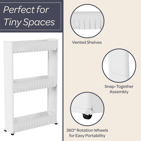 Three Tier Rolling Cart For Narrow Spaces With Slide Out Shelves, features vented shelves and snap-together assembly, white