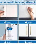 Four-step guide showing how to use Cabinet Hardware Jig For Precise Handle Knob And Drawer Pull Installations with drill guide.