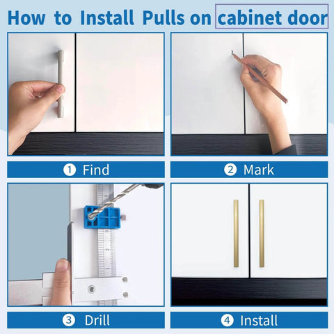 Four-step guide showing how to use Cabinet Hardware Jig For Precise Handle Knob And Drawer Pull Installations with drill guide.