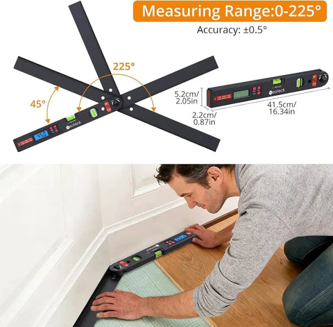 Aluminum Digital Angle Finder With Laser For Pro Grade Precise Marking And Layout 225 Degree Angle Ruler With Class 2 Laser Under One Milliwatt Visible Line Up To Three Meters For Walls Floors And Workpieces, 41.5 cm