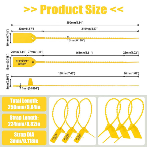 Product size diagram of yellow 1000 Pack Plastic Tamper Seals For Fire Extinguishers And Safety Tags Security Seals With Numbered Zip Ties