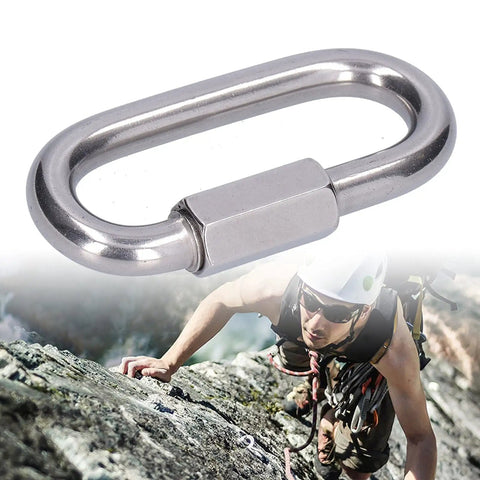 10 Pack Quick Link Connectors in Stainless Steel 304 Built Tough Heavy Duty Carabiner Style Chain Links Threaded Locking For Outdoor Gear Camping Hiking Boating M8 Easy Install with climber background.
