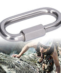 Stainless Steel Quick Link Connectors Set With Threaded Carabiners For Outdoor Gear, shown with climber, M10 Heavy Duty.