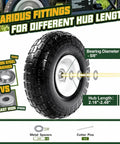 Durable 10 Inch Flat Free Solid Tire And Wheel Bundle Featuring Adjustable Hub Adaptors And 5 8 Bearing Bore details showing bearing and hub length options.