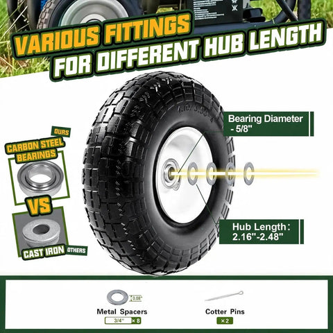 Durable 10 Inch Flat Free Solid Tire And Wheel Bundle Featuring Adjustable Hub Adaptors And 5 8 Bearing Bore details showing bearing and hub length options.
