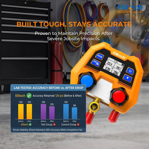 Digital HVAC Manifold Gauge Set DMG2SE With Hoses And R410A Adapters For Fast Onsite Diagnostics No Nonsense Readouts Instant High And Low Side Saturation Readouts And Precise System Troubleshooting on orange digital gauge