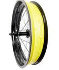 Side view of Fat Bike Front Wheel 20/26 X 4.0 with 36H Aluminum Rim, 135mm QR Disc Hub, yellow and black, snow and sand ready.