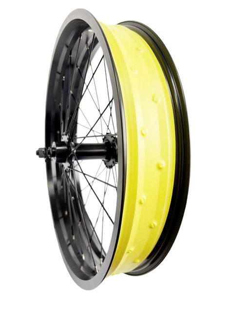 Side view of Fat Bike Front Wheel 20/26 X 4.0 with 36H Aluminum Rim, 135mm QR Disc Hub, yellow and black, snow and sand ready.