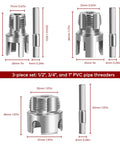 PVC Pipe Threader Set For Plumbing Repairs, A 3 Piece Carbon Steel Tool Kit For Internal And External Threads On 1", 1/2", 3/4" Pipes