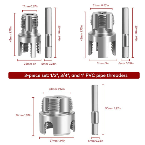 PVC Pipe Threader Set For Plumbing Repairs, A 3 Piece Carbon Steel Tool Kit For Internal And External Threads On 1", 1/2", 3/4" Pipes