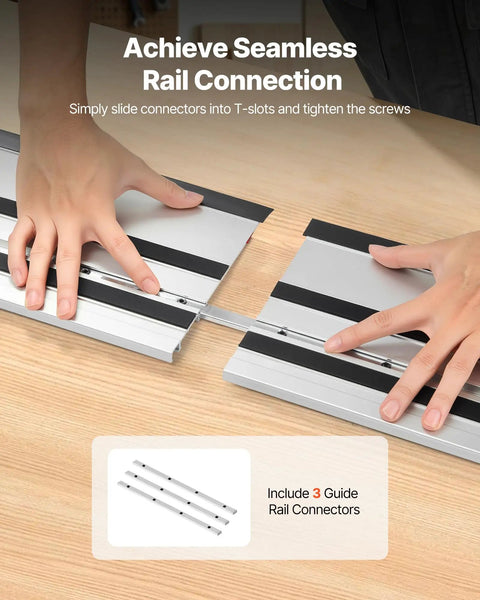 Heavy Duty Track Saw Guide Rail Kit Featuring Four Durable Aluminum Extrusion Bars And Three Secure Snap Lock Connectors working on rail connection.