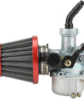 PZ19 19mm Carburetor Kit for Tao Tao ATVs and Dirt Bikes with 35mm air filter and red fuel line, side view