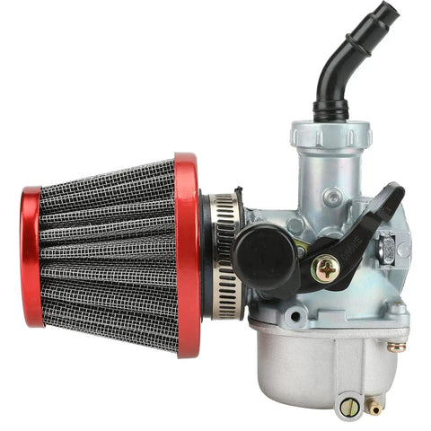PZ19 19mm Carburetor Kit for Tao Tao ATVs and Dirt Bikes with 35mm air filter and red fuel line, side view