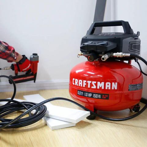 Craftsman 6 Gallon Oil Free Pancake Air Compressor delivering 150 PSI With 10 Piece Accessory Kit. This Reliable Compact Unit Features A One Horsepower Motor For Fast Recovery And Steady Airflow Perfect For Nailing Stapling And Inflation Around The