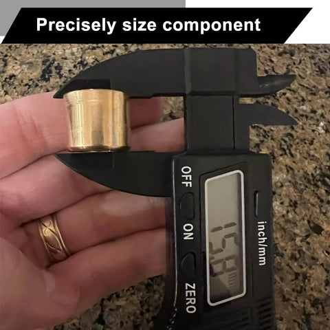 Close-up of brass shifter bushing for MX-5 Miata, held in digital caliper jaws