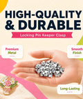 Locking Pin Backings Set for Enamel Pins and Badges, heavy duty silver metal clasps held in hand, smooth finish, high-quality.