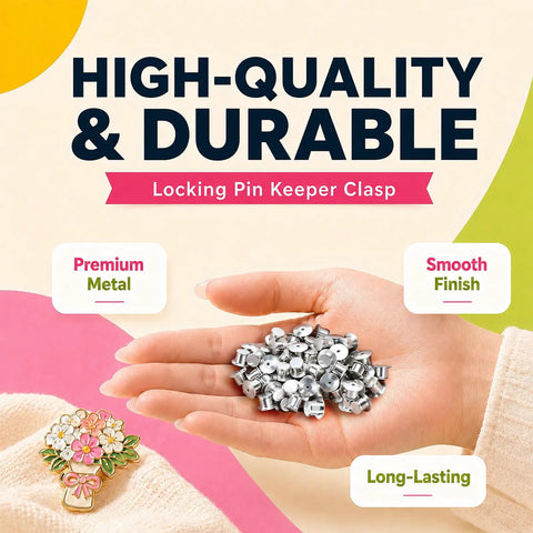 Locking Pin Backings Set for Enamel Pins and Badges, heavy duty silver metal clasps held in hand, smooth finish, high-quality.