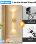 Comparison showing a Gold Battery Operated Wall Sconces Set Of 2 Peel And Stick Magnetic Linear Lights against hardwired and plug-in options.