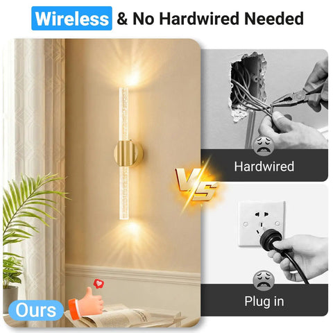 Comparison showing a Gold Battery Operated Wall Sconces Set Of 2 Peel And Stick Magnetic Linear Lights against hardwired and plug-in options.