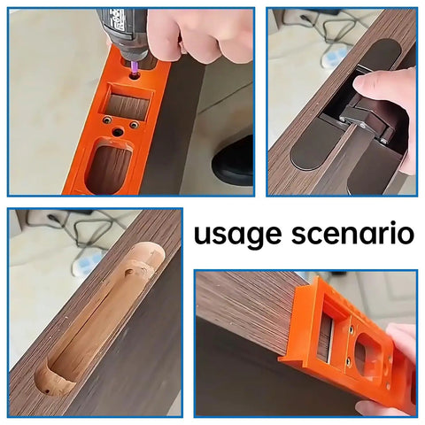 Universal Concealed Door Hinge Installation Kit With Guide Template Jig For Cabinets shown in usage scenario on wood door.