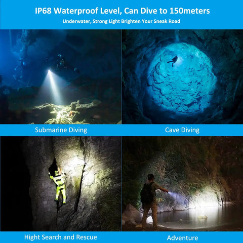 Various underwater environments showcasing D520 1000 Lumen Scuba Dive Light With Rotary Switch Compact Underwater Flashlight IP68 Waterproof for deep dives.