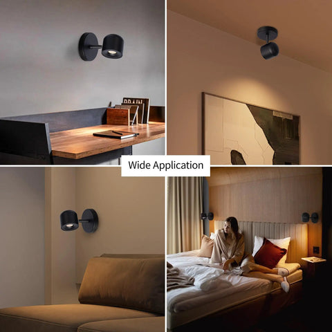 2 Packs Modern Adjustable Black LED Wall Sconce Lights With Rotating Angle 3000K Warm White 7W High CRI 97 installed in various rooms