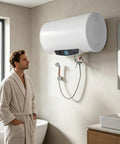 Heavy Duty Horizontal Electric Water Heater Featuring A Nifty Digital Display And Generous 70 Liter Reserve Plus 110V Plug Right In Hook Up in modern bathroom.