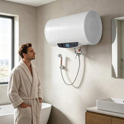 Heavy Duty Horizontal Electric Water Heater Featuring A Nifty Digital Display And Generous 70 Liter Reserve Plus 110V Plug Right In Hook Up in modern bathroom.