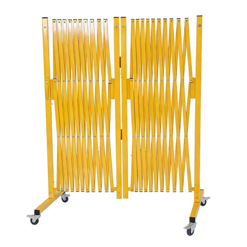 Heavy Duty Expandable Metal Barricade With Smooth Rolling Casters And One Eighty Degree Swivel Action, yellow metal, 31 lb, collapsible design.