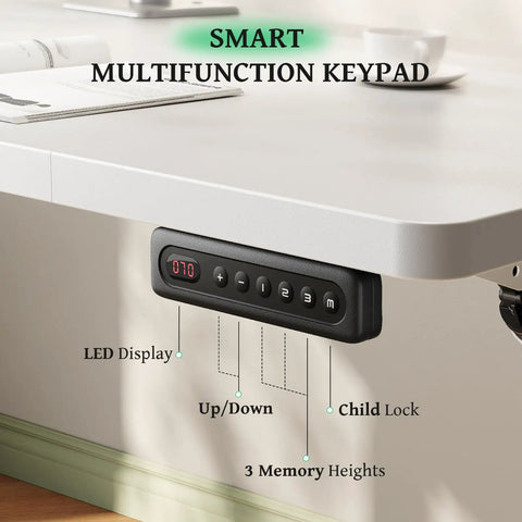 SIAGO 48x24 Inch Electric Standing Desk multifunction keypad with LED display, height controls, and memory options.