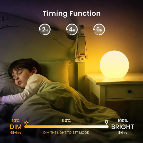 Child sleeping beside 8 Inch LED Night Light Ball With Remote, 16 RGB Colors, dimmable globe on nightstand, nursery decor.