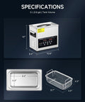 No Sweat Digital Ultrasonic Cleaner With Ample 3L Tank And Degas Plus Gentle Modes specifications with tank and accessories.