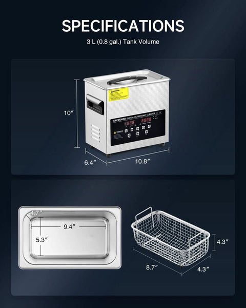 No Sweat Digital Ultrasonic Cleaner With Ample 3L Tank And Degas Plus Gentle Modes specifications with tank and accessories.