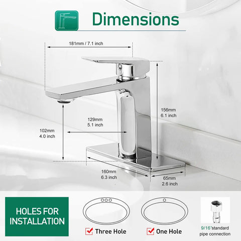 Chrome One Hole Single Handle Bathroom Faucet With Deck Plate For Lavatory Vanity And RV Sink, side view showing dimensions