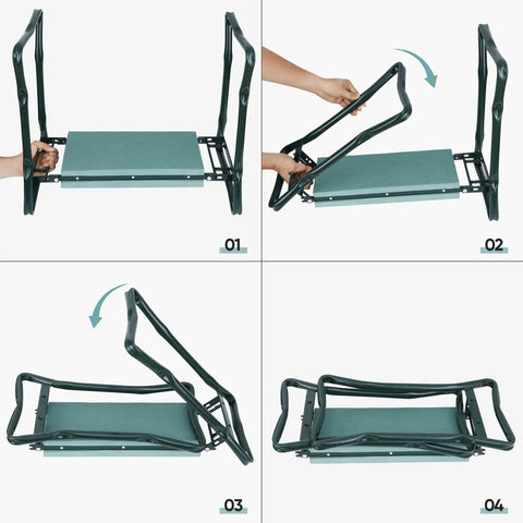 Four-step folding process of Foldable Garden Kneeler Bench Stool With Soft Cushion Seat Pad And Tool Pouch