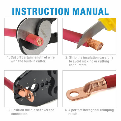 Instruction manual for Beefy Heavy Duty Battery Cable Lug Crimp Tool For Eight AWG To One Zero AWG End Terminals showing steps.