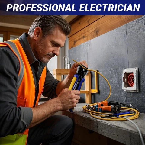 Electrician using Self Adjusting And Manual Wire Stripper Tool Set For 10 To 24 AWG Heavy Duty Electrical Strippers.