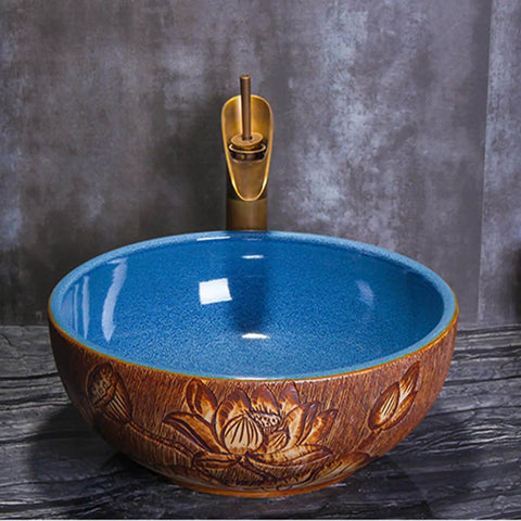 Bathroom Container Sink Pattern Pattern Ceramic Vessel Sink Round Oval Counter Ceramic Countertop Sink Art Basin-B (B) with blue interior design.