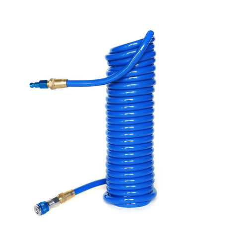 25 Foot Coiled Air Hose 3/8 Inch ID With Reusable 1/4 Inch NPT Brass Fittings, Quick Connect AMT Style Coupler And T Style Automotive Plug