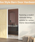 Sliding barn door with box rail, interior view, featuring wooden door partially open to show bathroom.