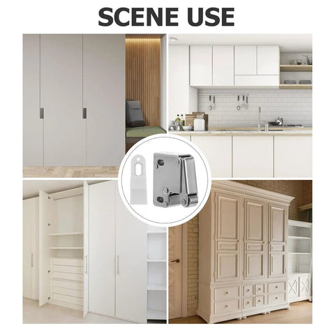 Scene use of 2 Pack Kitchen Cabinet Door Catch Latch, Stainless Steel Roller Lock with Soft Closing, shown on cabinets and dressers
