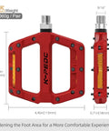 Front and side view of Night Ride Ready Platform Pedals with Reflective Strips, red nylon fiber body, and 9/16 inch threading.