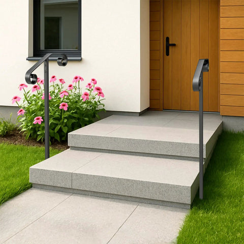 Heavy Duty Black Wrought Iron Single Step Handrail Rust Resistant In Ground Stair Railing For Porches And Decks next to steps.