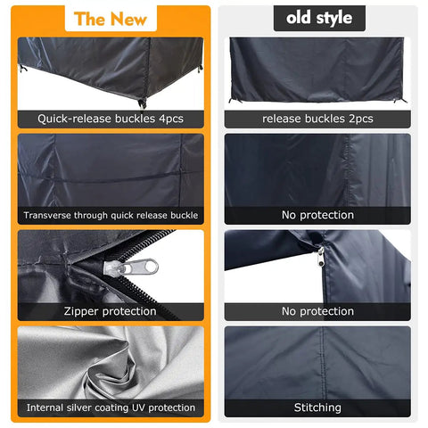 Comparison showing new quick-release buckles, zipper protection, and UV coating; features of Triple Seater Hammock Swing Cover.