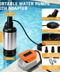 High Power Cordless Submersible Water Pump Kicking Out Standing Water Fast With 1000Gph Brushless Motor And 14 Foot Cable For Pool Draining And Sump Jobs Runs Smooth On Standard 20V Batteries For Heavy Yard Chores, shown in water with adapter and hose.